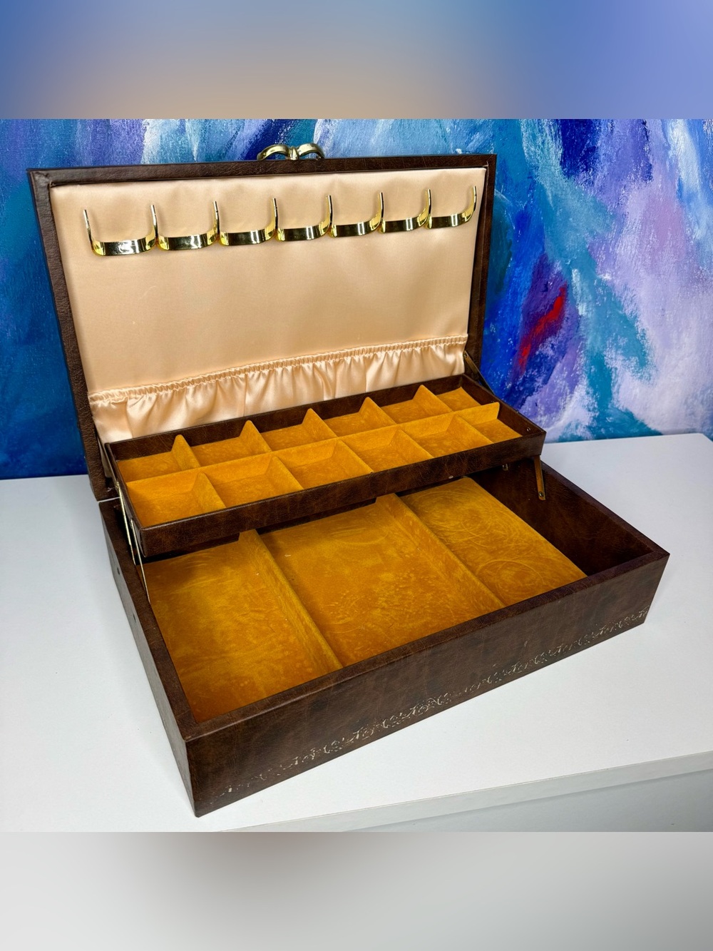Mele Vintage Jewelry Box Brown & Orange Two Tier 70s 60s Groovy Storage MCM